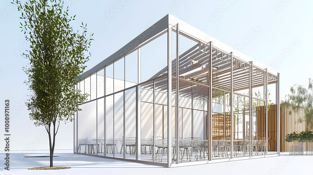 3D illustration of a modern minimalist coffee shop landscape. Architectural design perspective, construction of a fantasy building. 3D illustration of a modern minimalist coffee shop landscape. Architectural design perspective, construction of a fantasy building.