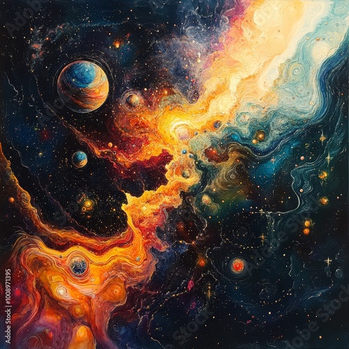 Cosmic Nebula with Planets and Stars Abstract Space Art Painting