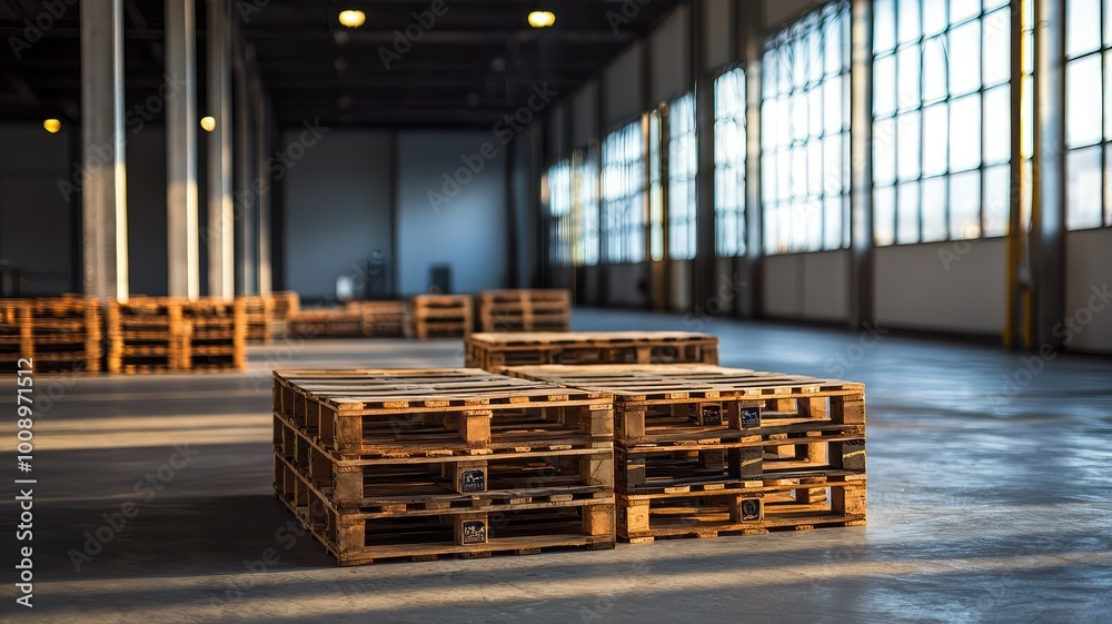 A collection of wooden pallets arranged in an open warehouse, showcasing industrial storage solutions and spacious interiors. A collection of wooden pallets arranged in an open warehouse, showcasing industrial storage solutions and spacious interiors.