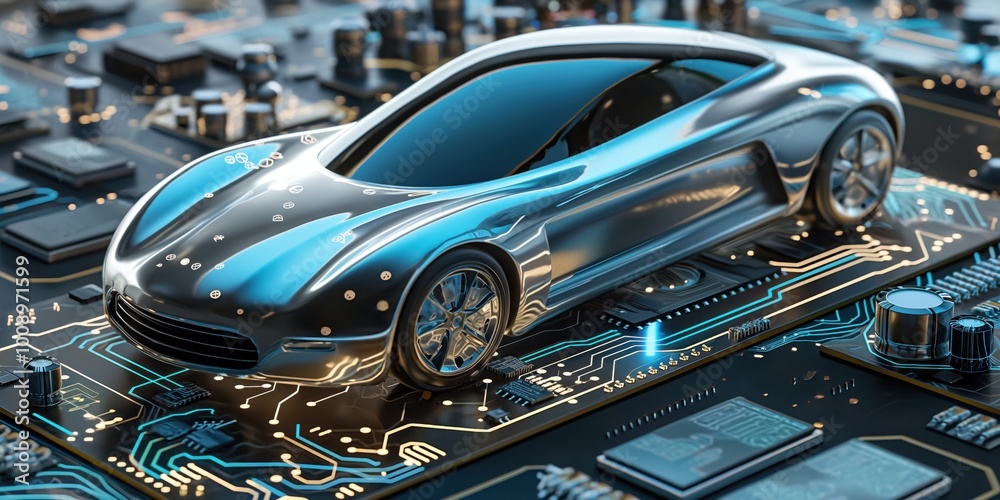 Obraz premium Metallic car sits atop circuit board with futuristic design. Sleek, high-tech vehicle features integrated electronics. Modern transportation concept with advanced technology.