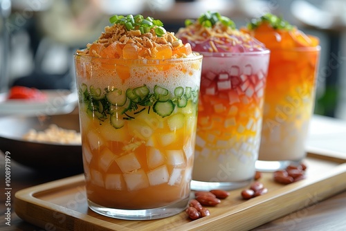 Vietnam: Che Ba Mau A glass filled with layers of colorful jellies, beans, coconut milk, and crushed ice, topped with a drizzle of coconut cream. photo