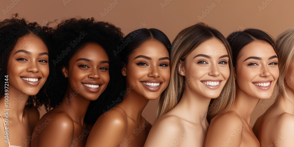 A group portrait of confident black women, each with glowing skin, smiling and enjoying their skincare routine, the brown background adding warmth to the image of beauty and self-c A group portrait of confident black women, each with glowing skin, smiling and enjoying their skincare routine, the brown background adding warmth to the image of beauty and self-c
