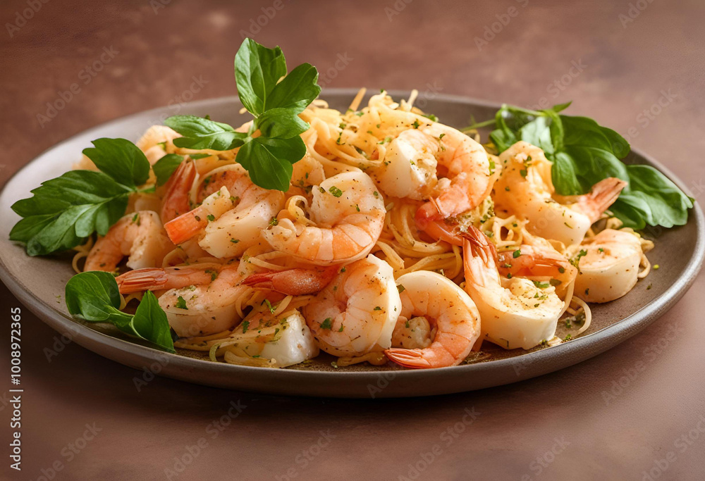 Delicious shrimp pasta served with fresh lemon and parsley on a rustic wooden table Delicious shrimp pasta served with fresh lemon and parsley on a rustic wooden table