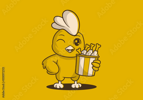 Retro mascot character of chicken or rooster holding a cup of fried chicken