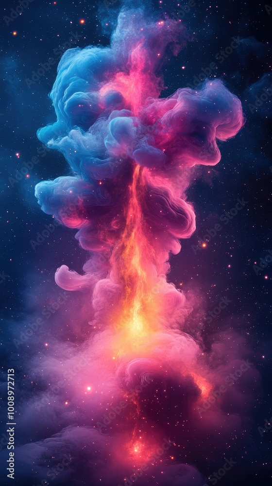 Obraz premium Swirling cloud of pink and blue interstellar dust and gas exploding with a bright beam of light
