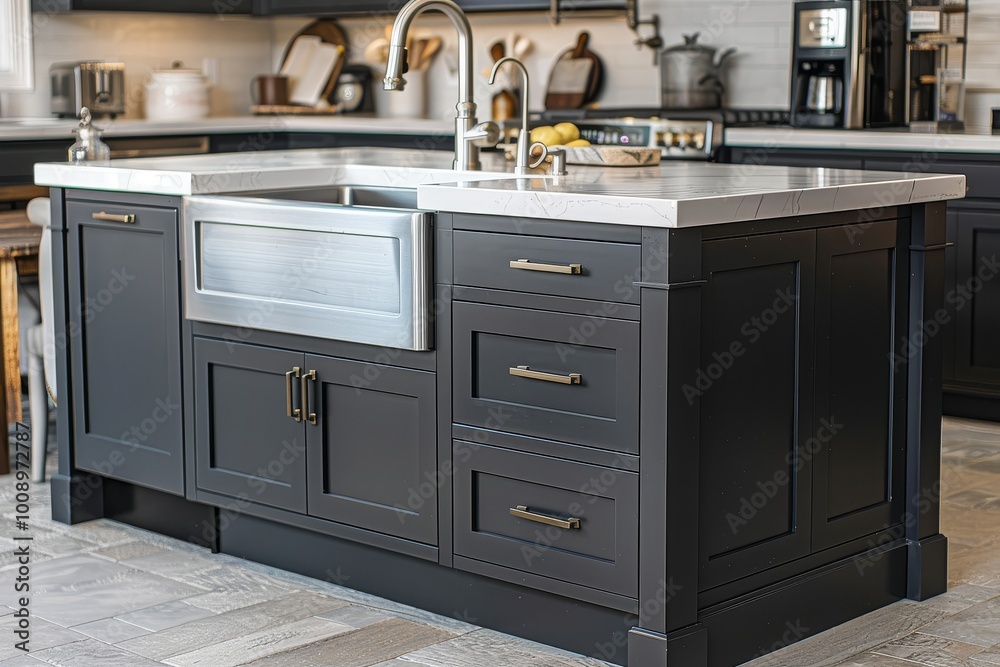 Modern black kitchen island with white marble countertop, stainless steel sink, and drawers, set against gray cabinets and light gray carpet flooring. Modern black kitchen island with white marble countertop, stainless steel sink, and drawers, set against gray cabinets and light gray carpet flooring.