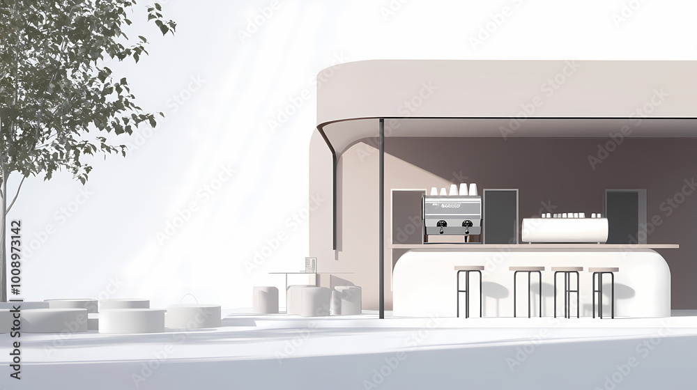 3D illustration of a modern minimalist coffee shop landscape. Architectural design perspective, construction of a fantasy building.