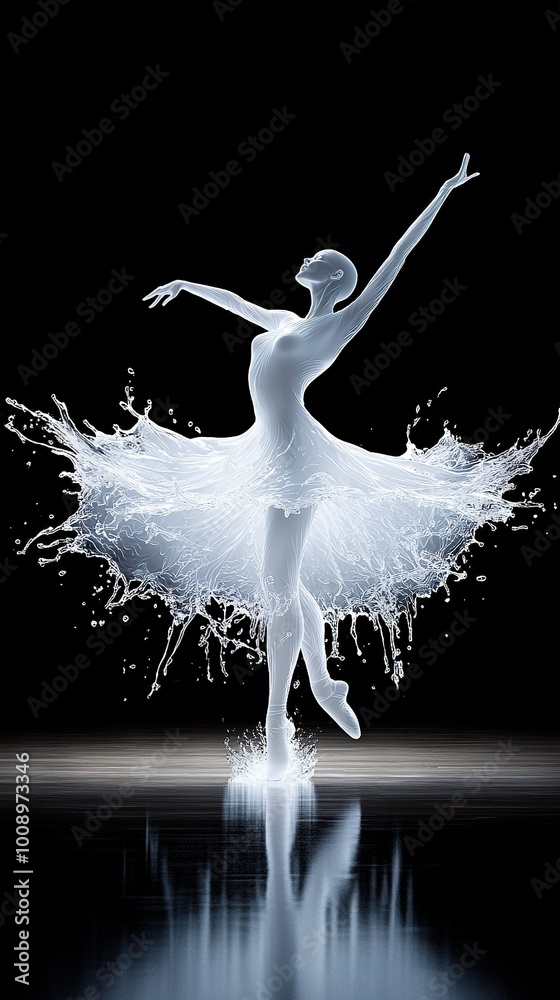 Obraz premium Ballerina in white tutu splashed with paint, against black background