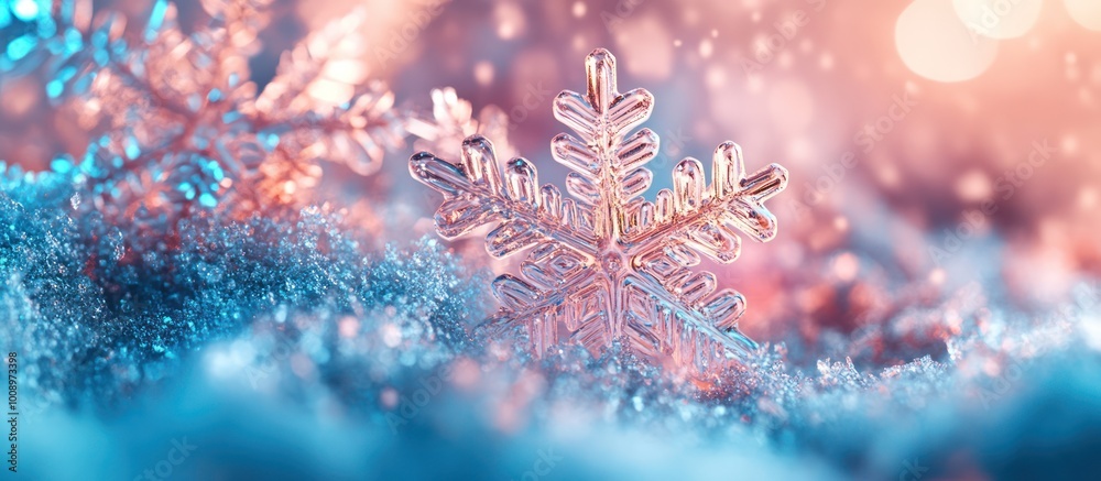 A single snowflake rests on a bed of snow with a soft pink and b A single snowflake rests on a bed of snow with a soft pink and b