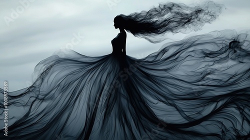   A woman in a long black dress with blowing hair faces an overcast sky