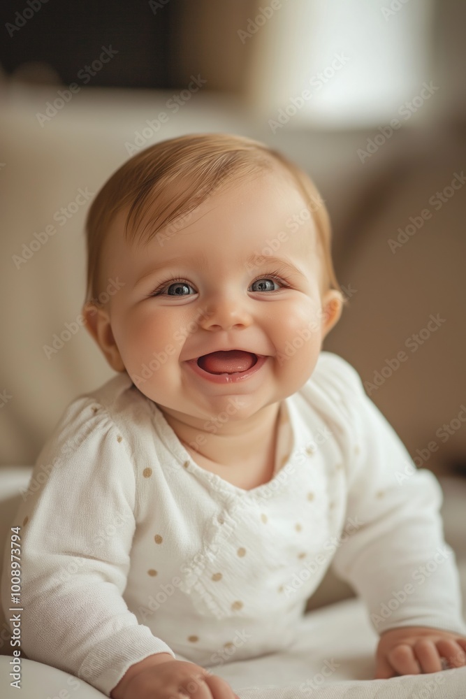 Adorable baby in a white outfit with a joyful smile, capturing a moment of pure innocence and happiness indoors. Adorable baby in a white outfit with a joyful smile, capturing a moment of pure innocence and happiness indoors.