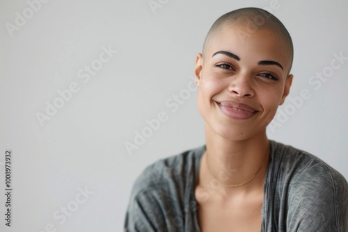 A happy woman with a shaved head looking directly at the camera