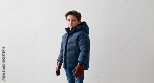 child in a cozy puffer coat and gloves stand