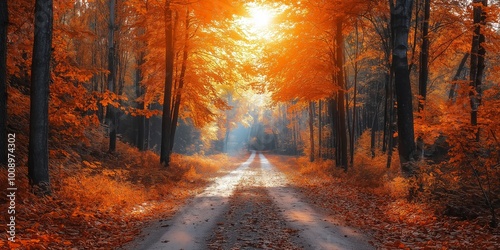 A vivid autumn pathway covered with bright orange leaves, creating a warm and inviting natural canopy.