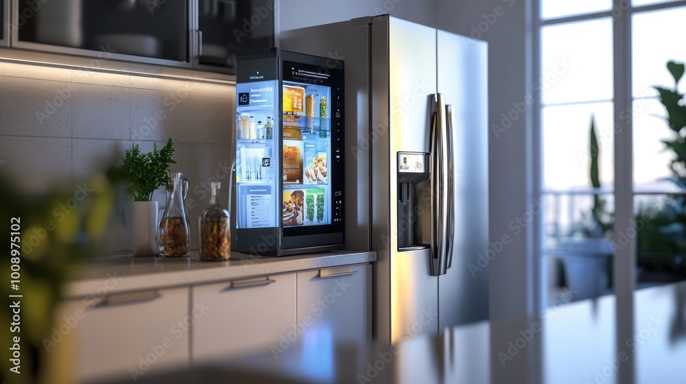 Modern kitchen featuring a sleek refrigerator and a beverage center.