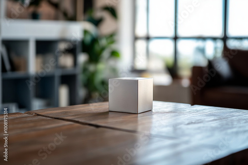 A silver cube is placed on a wooden table amidst a blurred home setting, exuding simplicity and modern design.