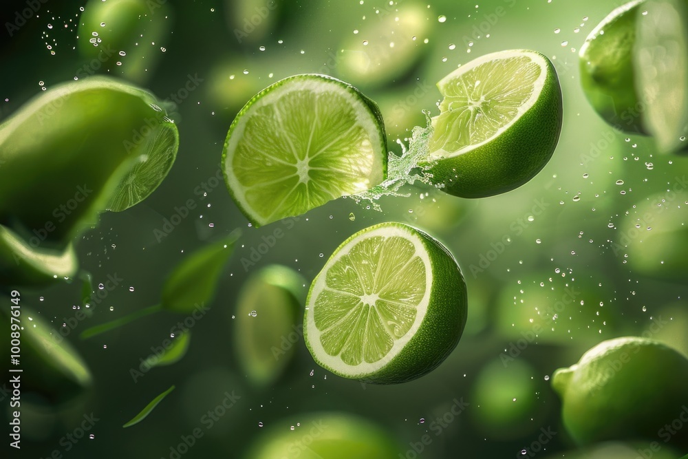 A bunch of limes floating in mid-air, free and effortless A bunch of limes floating in mid-air, free and effortless