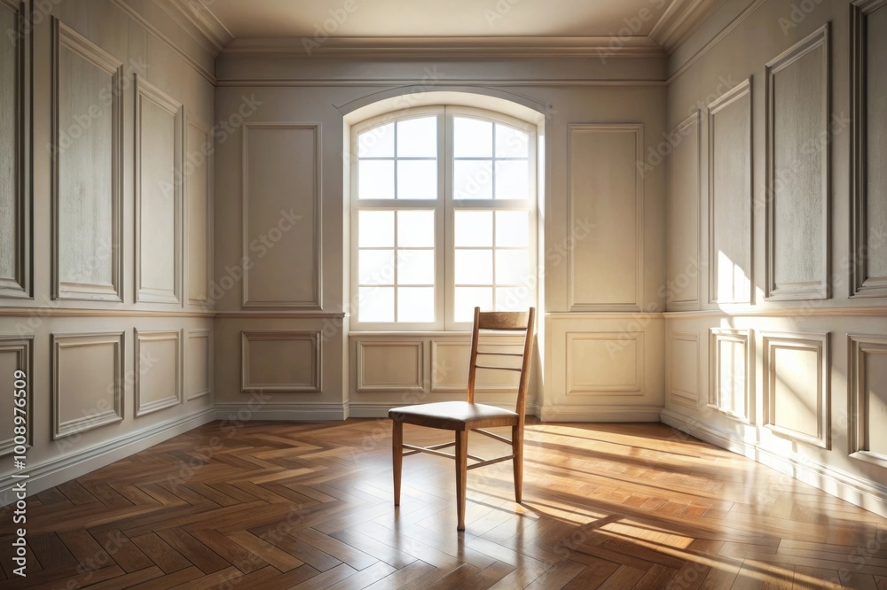 Fototapeta premium Wooden Chair in an Empty Room with Soft Natural Light from Large Window