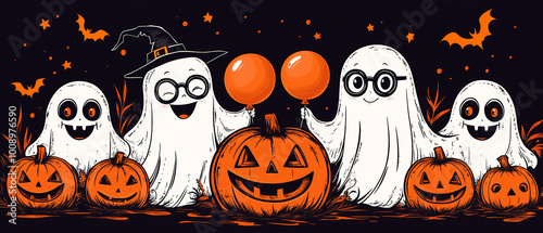 ghosts in the sheet costumes on the black background. Halloween card or banner template