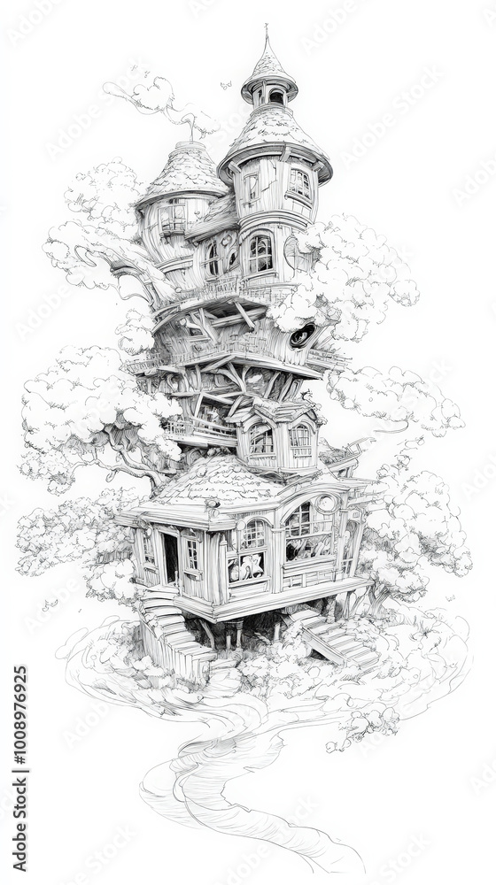Whimsical Treehouse Line Art Illustration Whimsical Treehouse Line Art Illustration