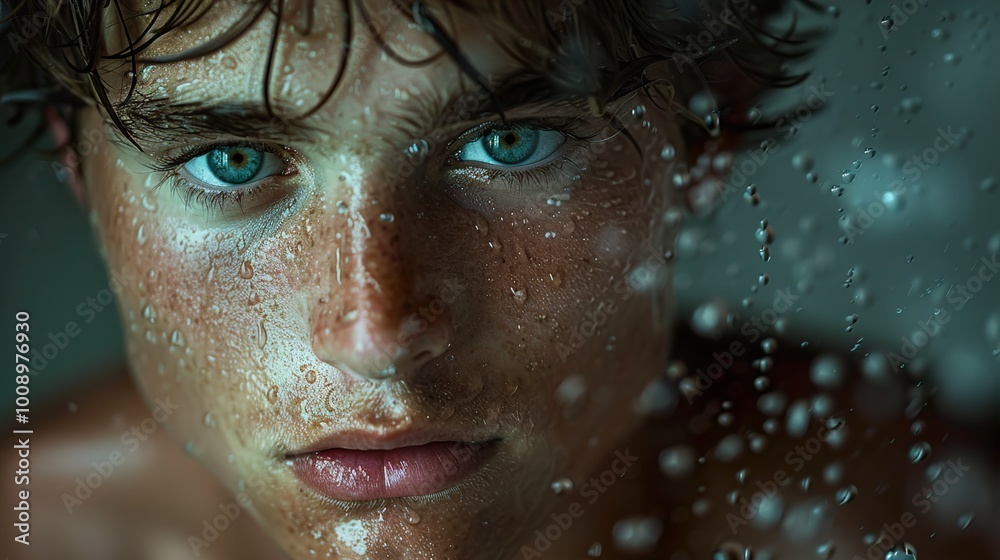 Close-up Portrait of a Young Man with Water Drops on His Face Close-up Portrait of a Young Man with Water Drops on His Face