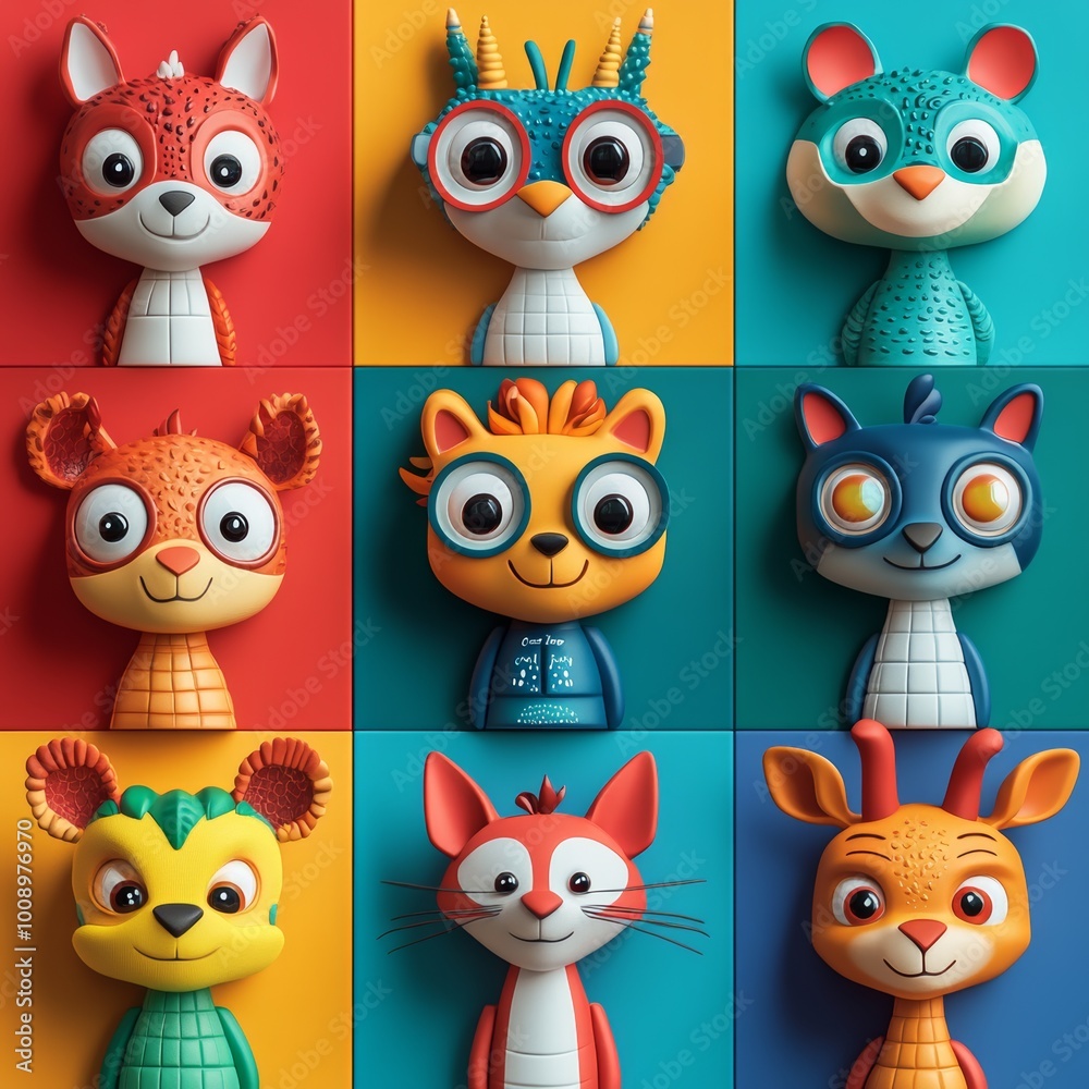 Colorful Cartoon Animals with Big Eyes in Grid Pattern for Kids Illustration Colorful Cartoon Animals with Big Eyes in Grid Pattern for Kids Illustration