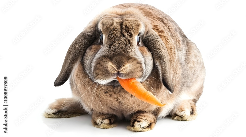 Obraz premium Chubby Rabbit with Carrot in Mouth Seated on White Background with Copy Space