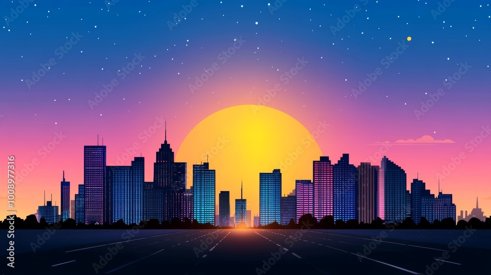 Obraz premium Cityscape Skyline Sunset with Stars and Road Urban Night Cityscape Illustration