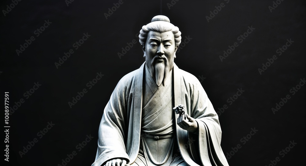 Elegant closeup of a Chinese scholar statue set against a simple black backdrop Elegant closeup of a Chinese scholar statue set against a simple black backdrop