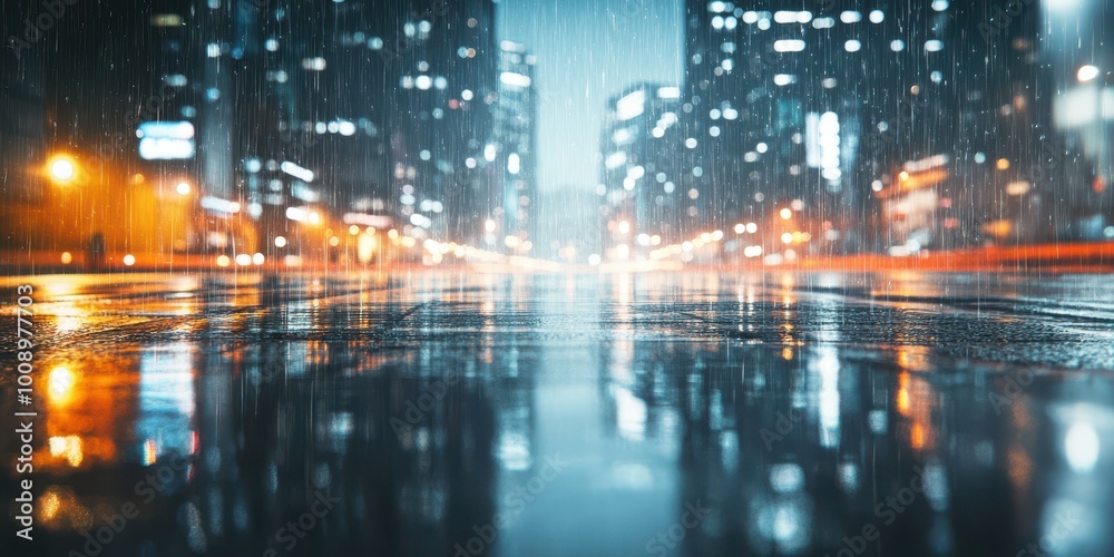 Fototapeta premium A captivating rainy city scene showcasing reflections on wet pavement with glowing lights and towering buildings.