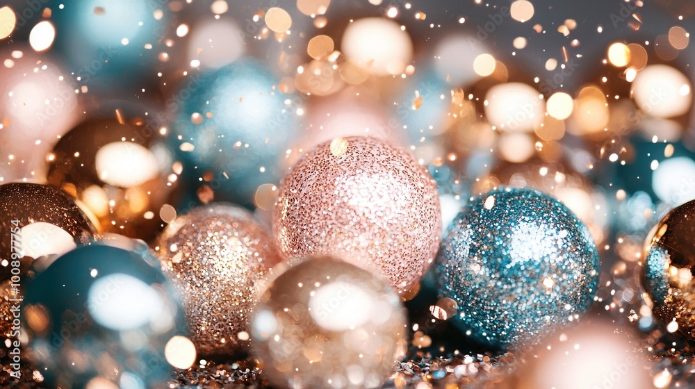 A pile of colorful glittered balls sits atop a table, with shiny golden and teal balls scattered among them A pile of colorful glittered balls sits atop a table, with shiny golden and teal balls scattered among them