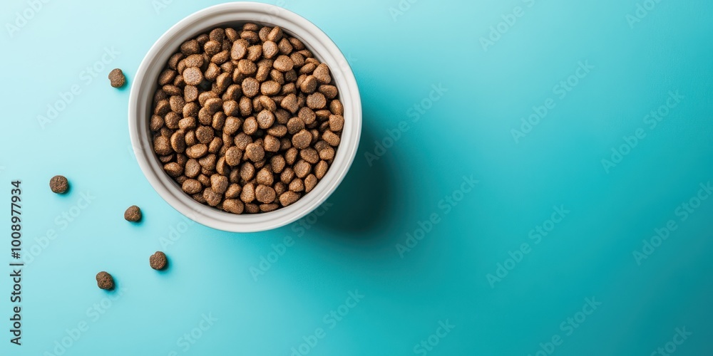 A close-up of a bowl filled with dry pet food displayed on a vibrant turquoise background. A close-up of a bowl filled with dry pet food displayed on a vibrant turquoise background.