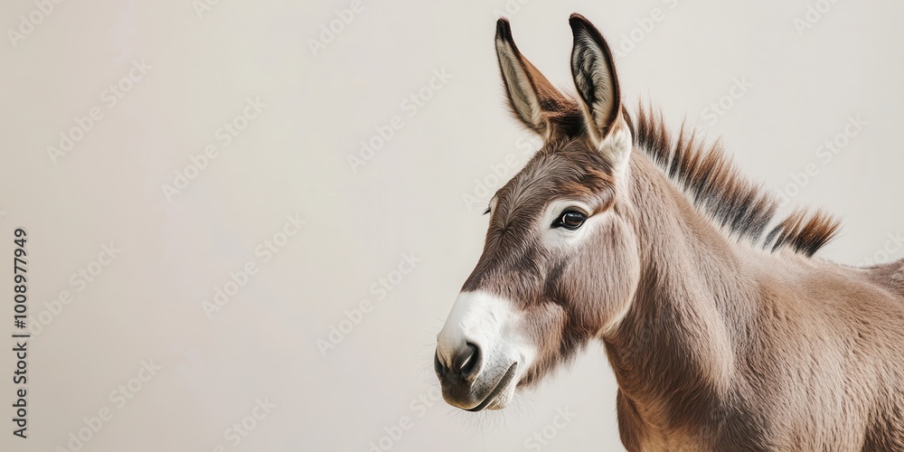 Obraz premium A close-up of a donkey showcasing its calm demeanor and unique features against a soft background.