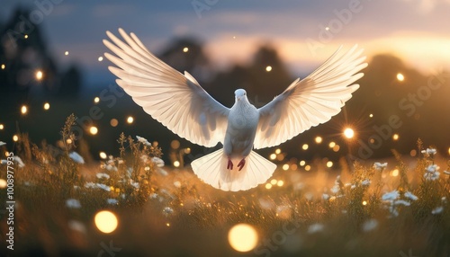 White Dove: Holy Spirit. Dove in the Midst of Fireflies. photo