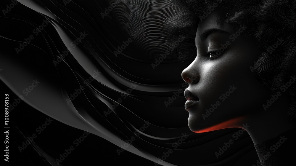 A stylized profile of a woman with flowing hair against a dark backdrop. A stylized profile of a woman with flowing hair against a dark backdrop.