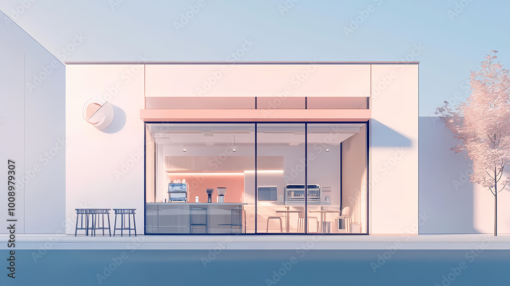 3D illustration of a modern minimalist coffee shop landscape. Architectural design perspective, construction of a fantasy building. 3D illustration of a modern minimalist coffee shop landscape. Architectural design perspective, construction of a fantasy building.