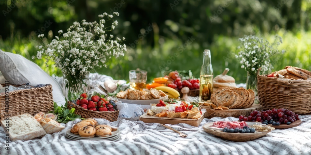 A delightful picnic spread featuring fresh fruits, bread, and flowers, set in a serene outdoor environment. A delightful picnic spread featuring fresh fruits, bread, and flowers, set in a serene outdoor environment.