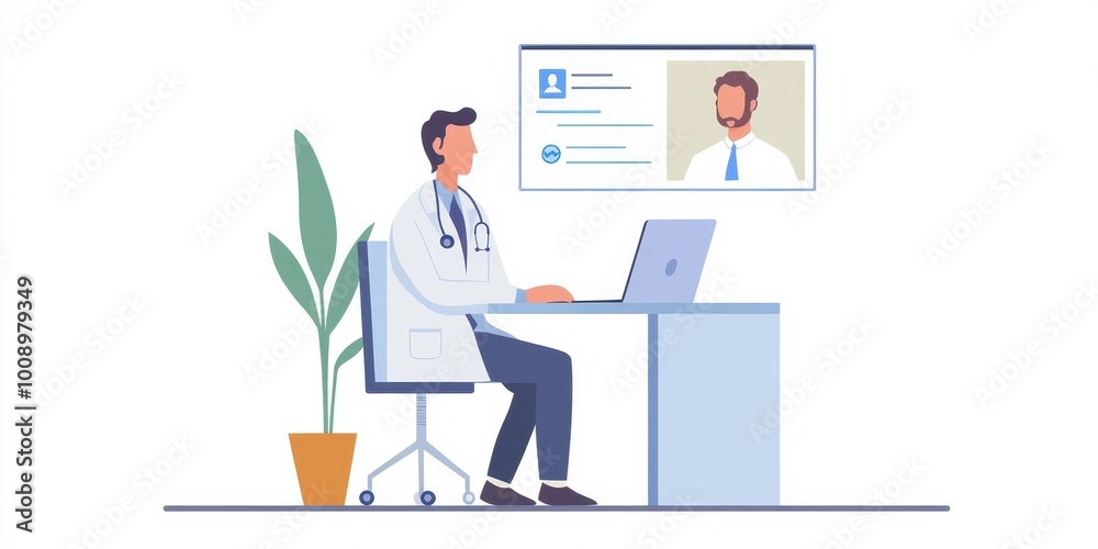 A doctor consulting with a patient via video call on a laptop, reflecting modern telemedicine practices in healthcare. A doctor consulting with a patient via video call on a laptop, reflecting modern telemedicine practices in healthcare.
