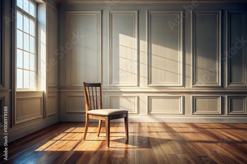 Wooden Chair in an Empty Room with Soft Natural Light from Large Window