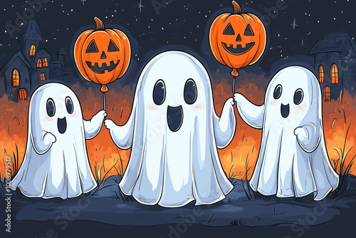 halloween ghosts with balloons and pumpkins. banner or card on a citybackground photo