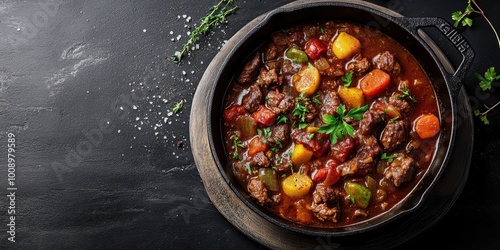 A flavorful beef stew with fresh vegetables simmered to perfection, served in a rustic pot on a dark stone surface. photo