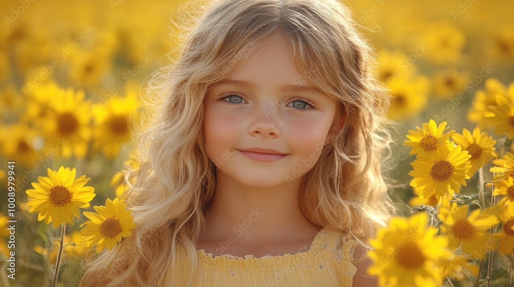 Little Girl Smiling in Field of Yellow Flowers Little Girl Smiling in Field of Yellow Flowers