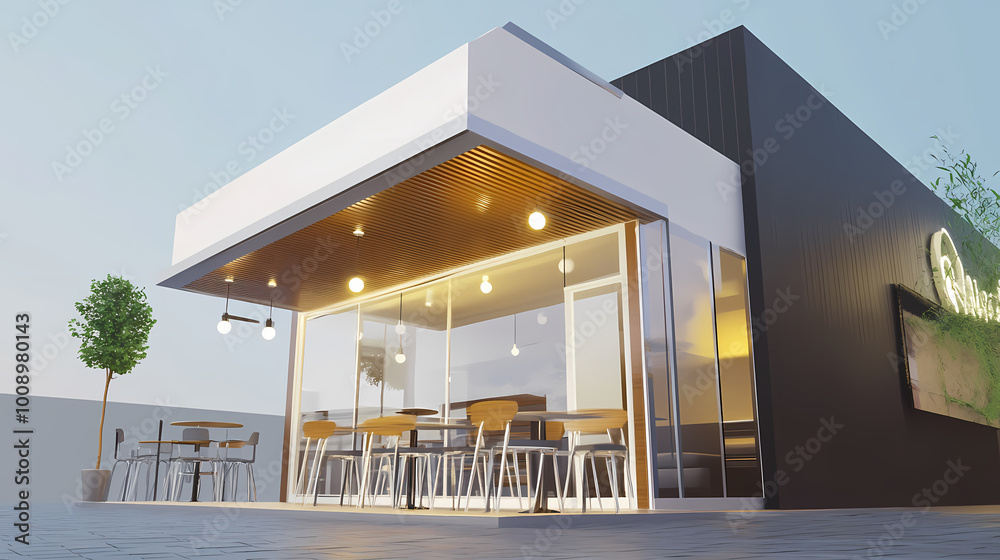 3D illustration of a modern minimalist coffee shop landscape. Architectural design perspective, construction of a fantasy building. 3D illustration of a modern minimalist coffee shop landscape. Architectural design perspective, construction of a fantasy building.