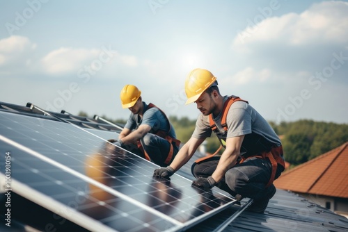 Wallpaper Mural Carrying photovoltaic solar module outdoors helmet technician hardhat. Torontodigital.ca