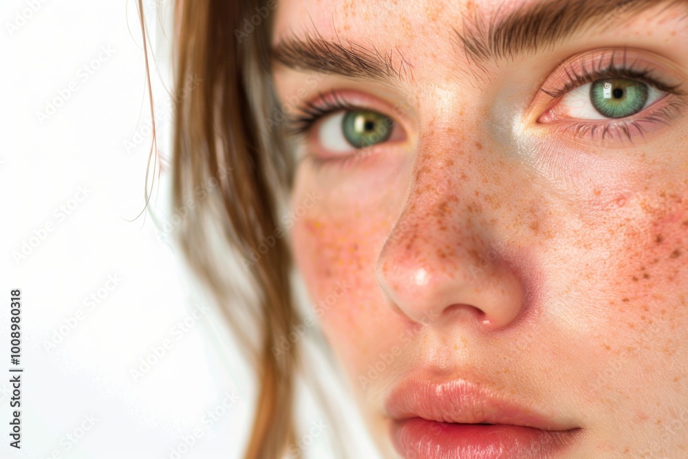 A close-up shot of a woman's face with visible freckles A close-up shot of a woman's face with visible freckles