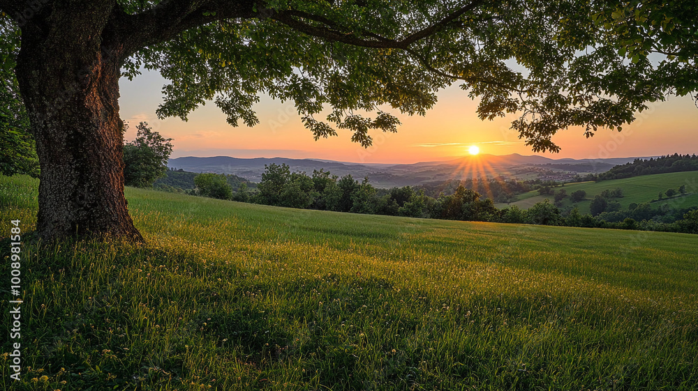 Sunset over rolling hills with a lone tree on a grassy hillside in the countryside Sunset over rolling hills with a lone tree on a grassy hillside in the countryside
