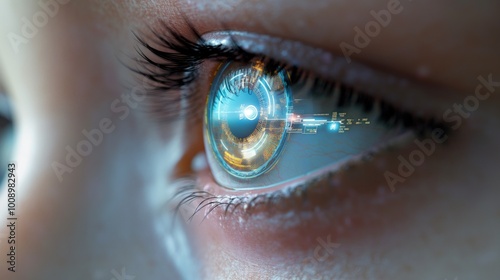Close-up of woman eye with smart contact lens featuring digital, biometric implants for scanning ocular retina. Advanced technology for facial recognition, identification. Future concept of hi-tech