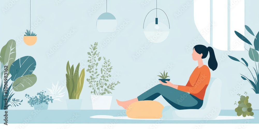 Obraz premium A serene indoor scene featuring a woman relaxing with plants, embodying tranquility and a connection to nature.