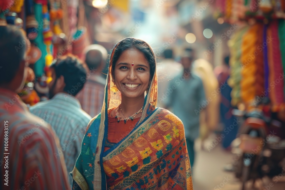 A happy Indian woman wearing a vibrant sari and smiling at the camera A happy Indian woman wearing a vibrant sari and smiling at the camera