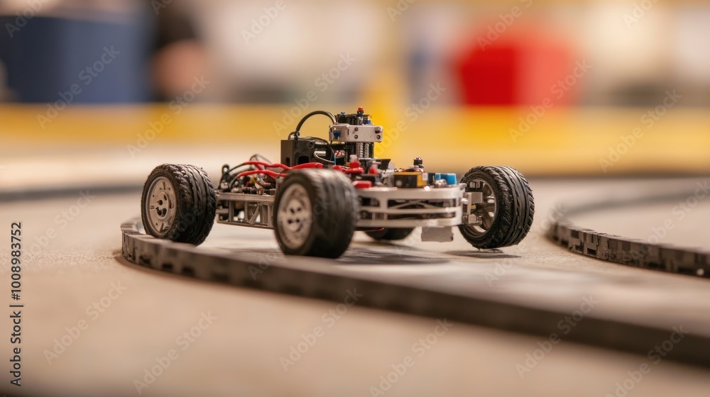 A small robotic car navigating a curved track, showcasing technology and engineering. A small robotic car navigating a curved track, showcasing technology and engineering.